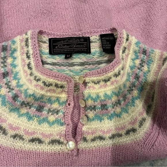 Eddie Bauer Sweaters - Vintage 80s light pink wool pearl buttons fair isle Eddie Bauer sweater Medium